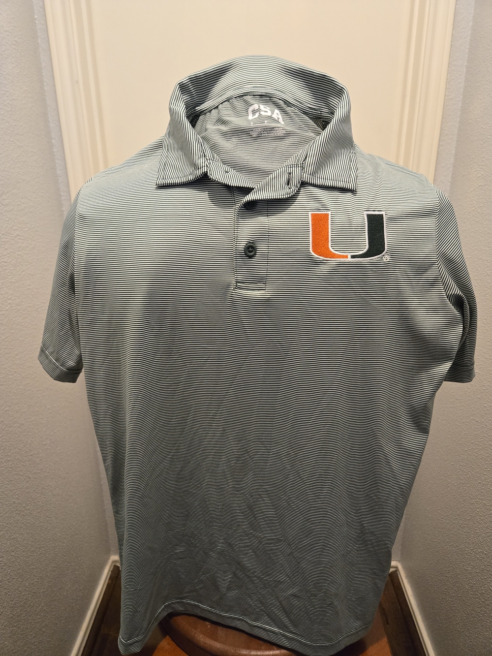 Light Green Striped Polo with Orange & Green U Logo
